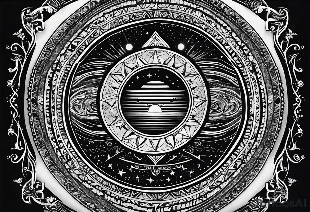A tattoo featuring a meaningful quote about life's journey, such as "The journey of a thousand miles begins with a single step," accompanied by celestial elements to emphasize the cosmic nature of your path. tattoo idea