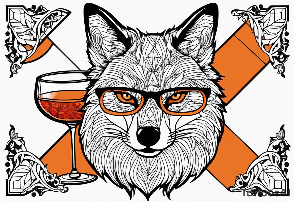 Geometric sly fox with beard and black horn rimmed glasses with Negroni in short lowball cocktail glass with ice and orange peel tattoo idea