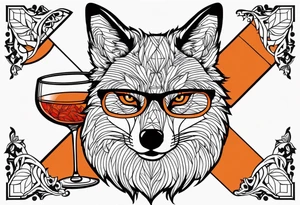 Geometric sly fox with beard and black horn rimmed glasses with Negroni in short lowball cocktail glass with ice and orange peel tattoo idea