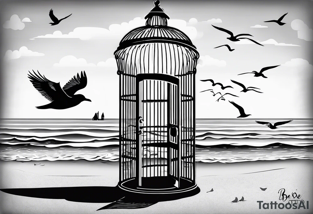 A simple birdcage with an open door, a seagull flying out
, on the beach, with the words be free tattoo idea