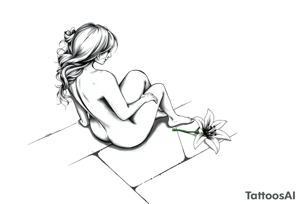 A simple tile floor with a minimalist curled figure sitting on the floor with a lily next to her tattoo idea