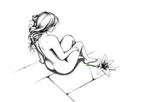 A simple tile floor with a minimalist curled figure sitting on the floor with a lily next to her tattoo idea