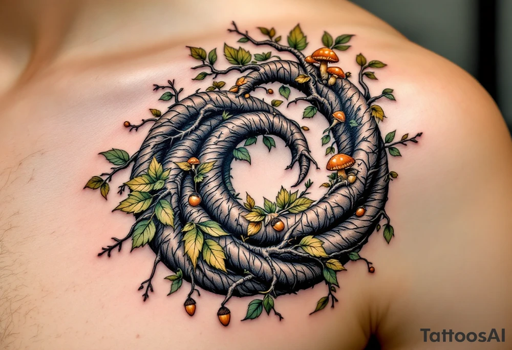 A nature-inspired design in earthy greens, browns, and golds, resembling intertwined vines or tree roots. The spirals can be adorned with tiny leaves, acorns, or even mushrooms, symbolizing growth, connection, and renewal. tattoo idea