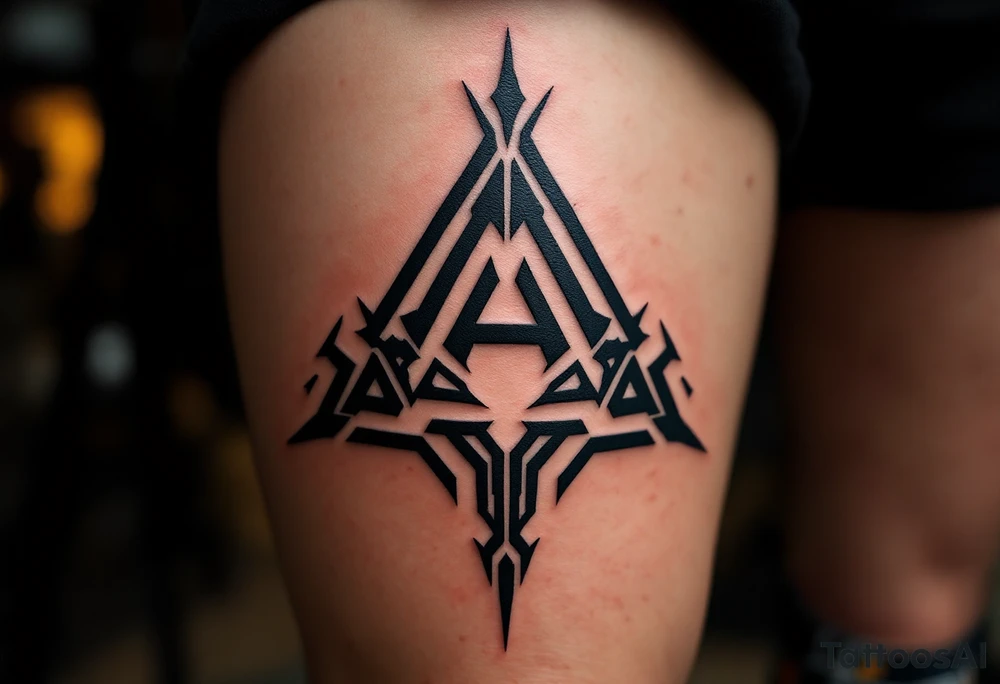 A tribal-style "A" in solid black with bold, sharp-edged lines. tattoo idea