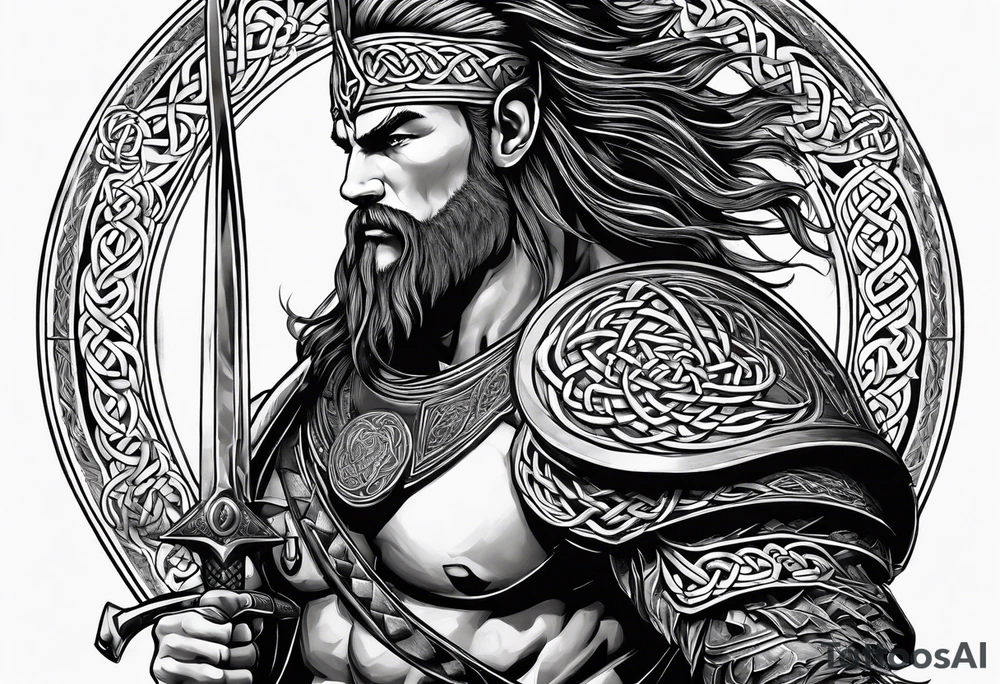 Side profile full body of a Celtic warrior with weapons tattoo idea