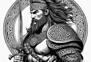 Side profile full body of a Celtic warrior with weapons tattoo idea