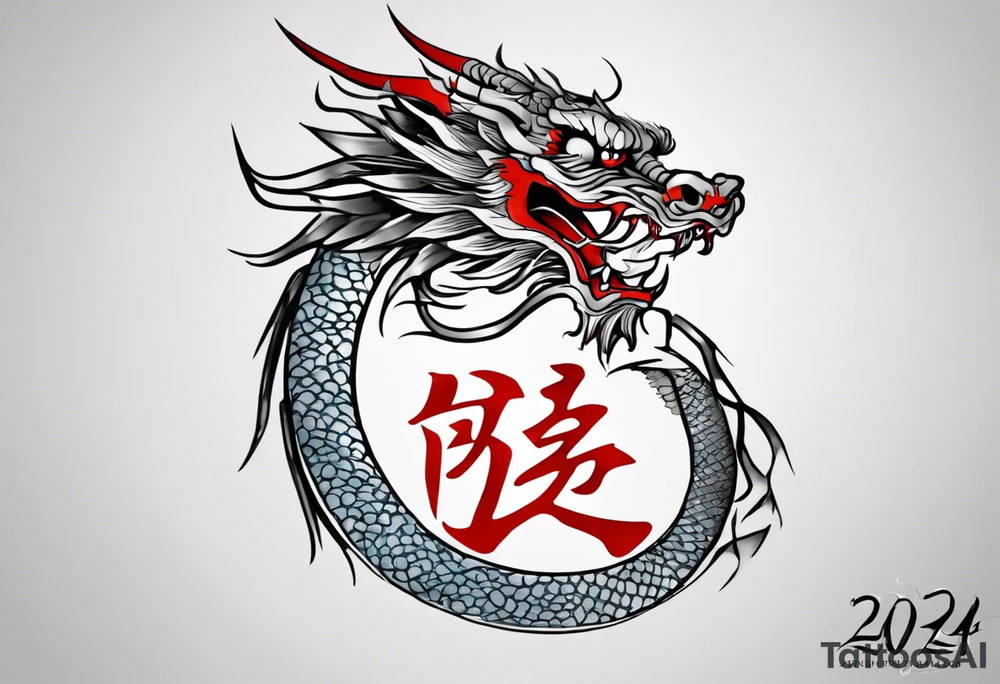 A simple tattoo of the year "2024" with a simple Chinese dragon must include the text "2024" in English tattoo idea