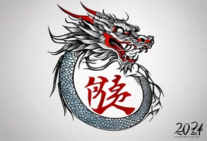 A simple tattoo of the year "2024" with a simple Chinese dragon must include the text "2024" in English tattoo idea