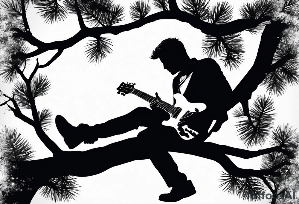 silhouette of a man sitting on a pine tree branch, playing electric guitar tattoo idea