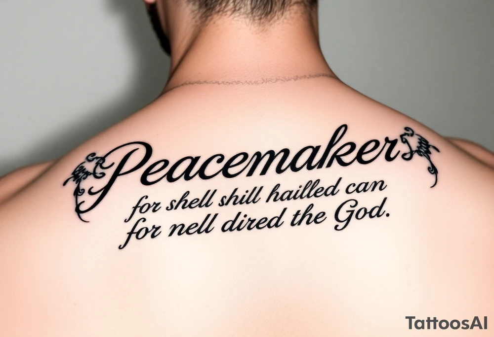 I already have a tatoo on my left pectoral that says Matthew 5:9 6" long and 1" high and want to add "Blessed are the peacemakers for they shall be called the children of God" with some sort of art. tattoo idea