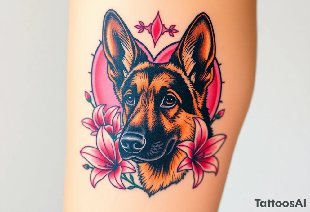 realistic german shepherd with alert ears looking protective with pink lilies in front of a sacred heart tattoo idea