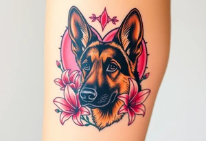 realistic german shepherd with alert ears looking protective with pink lilies in front of a sacred heart tattoo idea