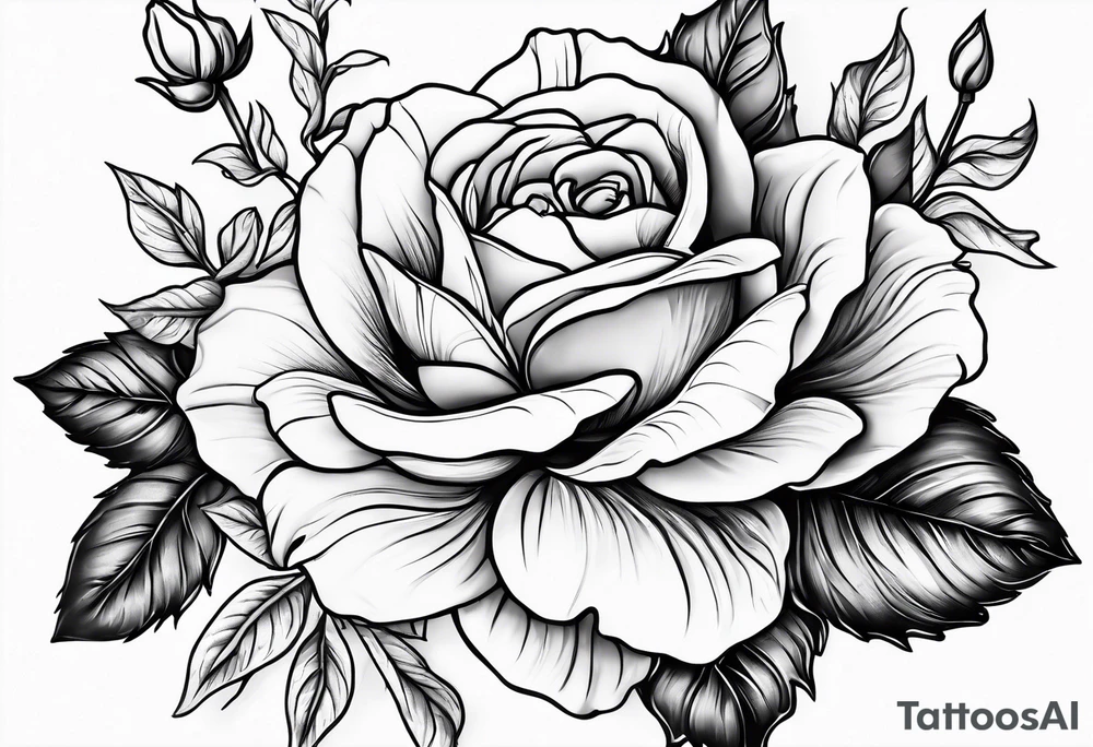 Floral design with 1 rose, lilac, magnolia, Azalea, Lisanthus, sunflower tattoo idea