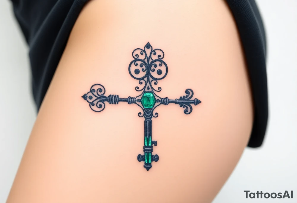 A key with intricate carvings word "hope" and a gemstone, in soft emerald green, symbolizing unlocking one’s potential tattoo idea