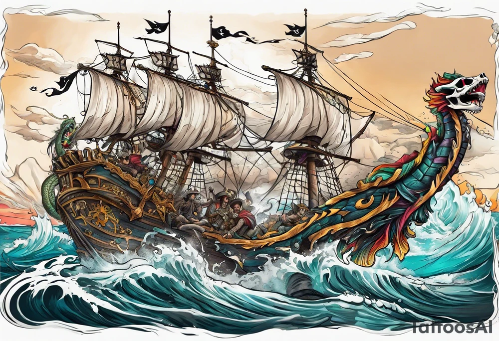 skeleton pirates fighting a sea serpent tattoo idea