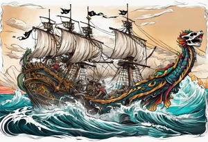 skeleton pirates fighting a sea serpent tattoo idea