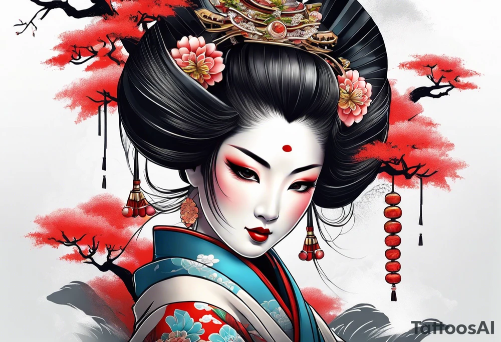 geisha girl that is also a Japanese waterfall tattoo idea