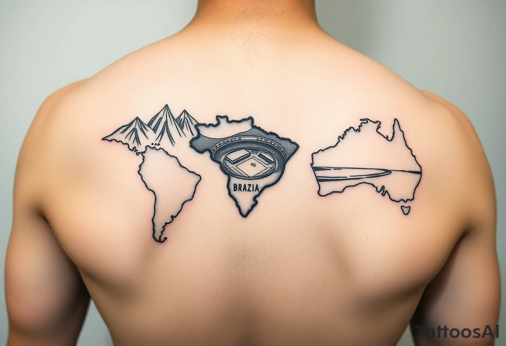 outline of North America, Brazil, Australia. Mountains in outline of North America, Soccer Stadium in outline of Brazil, and Beach in outline of Australia. tattoo idea