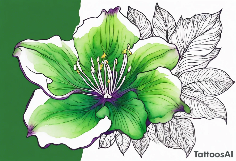 An outline of a green rio dipladenia flower and a green/purple watercolor in the background tattoo idea
