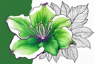 An outline of a green rio dipladenia flower and a green/purple watercolor in the background tattoo idea