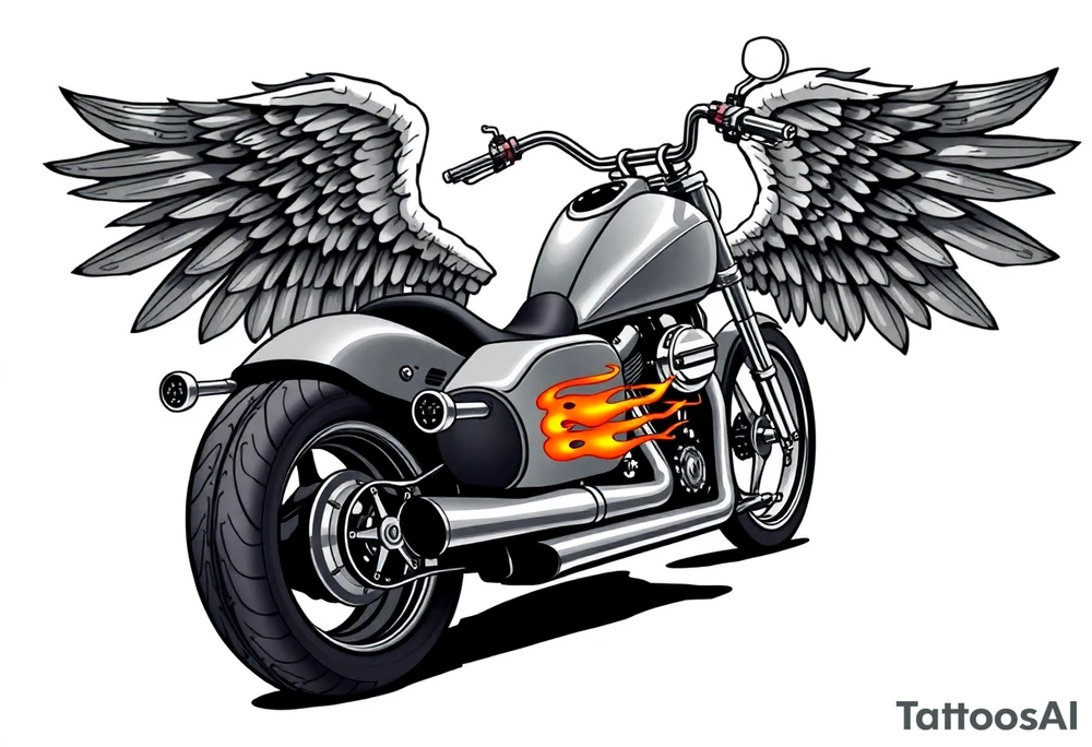 Low rider grey motorcycle, big muffler pipes with flames, angel wings, driving away, no person tattoo idea