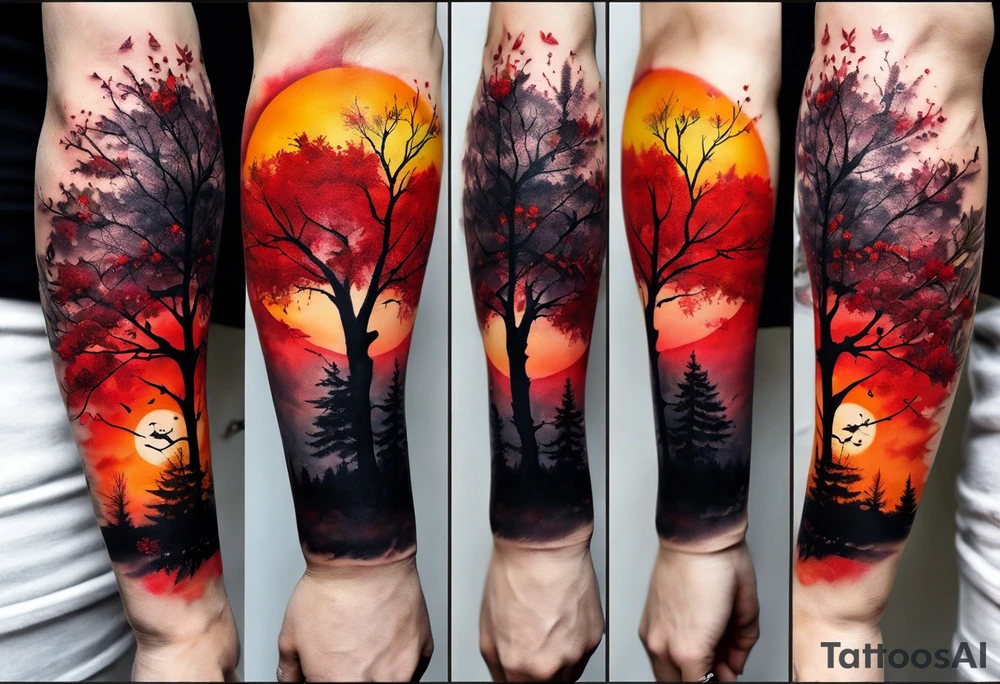 trash polka style. Arm tattoo. Long tattoo. Full sleeve. Shoulder. A single large maple tree with red autumn leaves that branches upwards from wrist to shoulder. White-throated dipper bird on the trees branches. Calluna flowers at the base of the trees stem. Tree stem has dark colors. Red/yellow sunset behind the trees stem. Leaves falling. tattoo idea