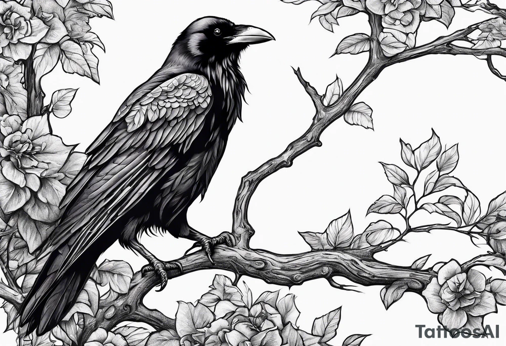 raven perched on branch tattoo idea