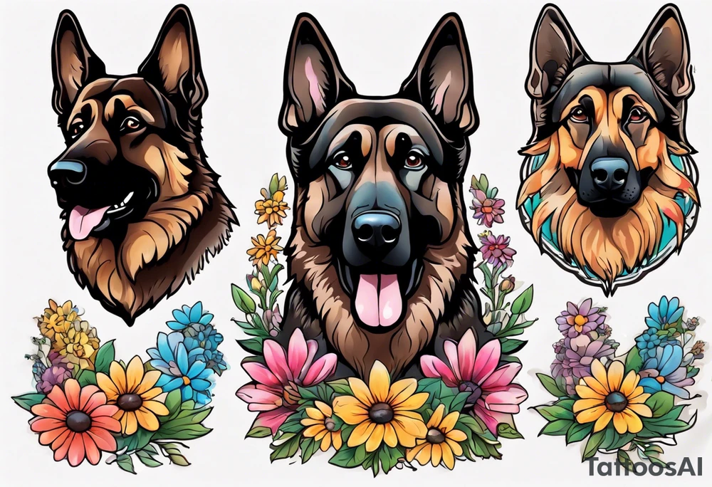 Dark Brown German shepherd portrait surrounded by  colorful daisies tattoo idea