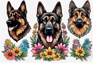 Dark Brown German shepherd portrait surrounded by  colorful daisies tattoo idea