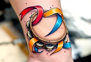 Tambourine and Dance Ribbon – A wooden tambourine in light brown with colorful ribbons (red, blue, yellow) swirling around it, conveying rhythm, joy, and movement. tattoo idea