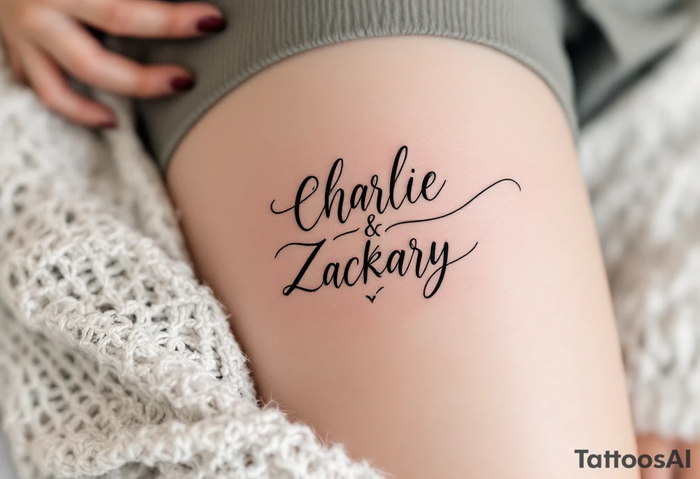 Create a delicate tattoo design that seamlessly integrates the names "Charlie" and "Zackary" in graceful, flowing cursive. Enclose the names within a softly stylized symbol that embodies strength and unity . The overall design should evoke warmth and protection while remaining refined and understated

Just the initials is ok too tattoo idea