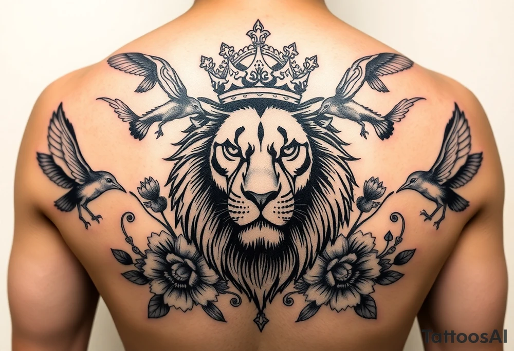 powerful majestic lion with a crown, surrounded by floral ornaments and birds tattoo idea