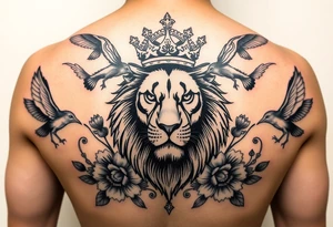 powerful majestic lion with a crown, surrounded by floral ornaments and birds tattoo idea
