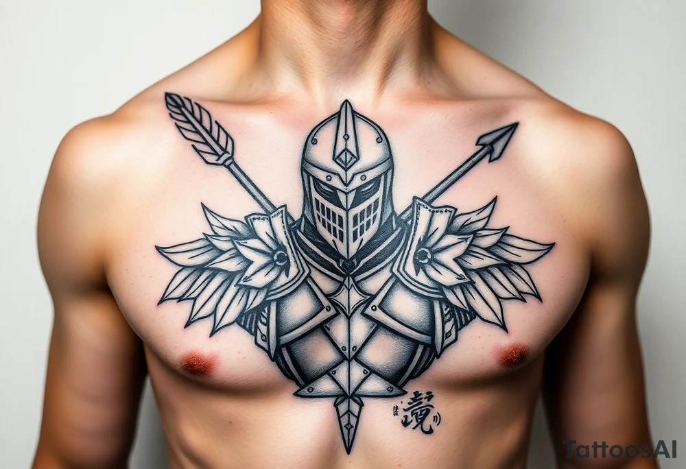 chest japan theme knight with arrow tattoo idea