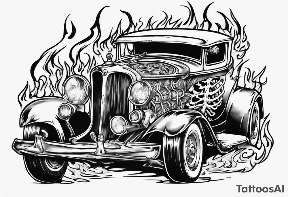 A tattoo of an old vintage car with flames coming out of the hood and a skeleton at t he top of the flames tattoo idea