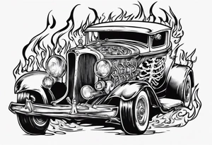 A tattoo of an old vintage car with flames coming out of the hood and a skeleton at t he top of the flames tattoo idea