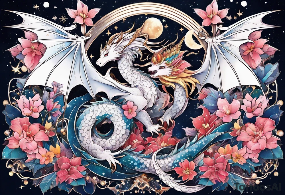 Constellation, wing , snow , cross , dragon female japan kawaii , flower tattoo idea