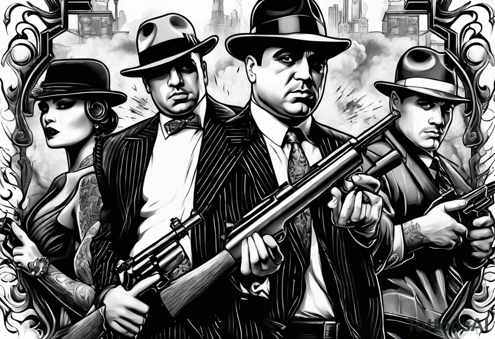 group of gangsters including Al Capone and bonnie and Clyde with machine guns surrounded by smoke and fire tattoo idea