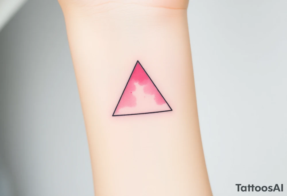 A watercoloured pink triangle (upsidedown), with very small black lining and upside down. Just the colour pink. No shapes. Just the colour pink in a gradient filling the triangle and a small black outline tattoo idea
