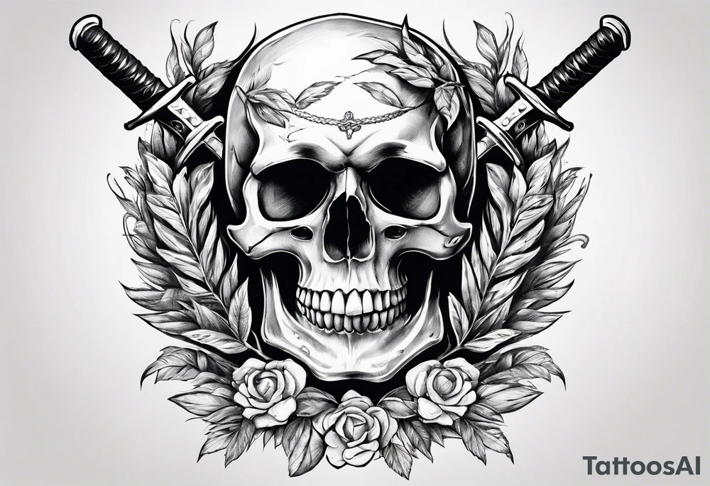 Skull with sword through it and laurel wreath. tattoo idea