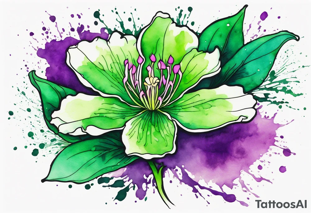 An outline of an only green rio dipladenia flower and a green and purple watercolor splash in the background tattoo idea