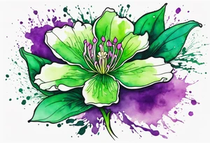 An outline of an only green rio dipladenia flower and a green and purple watercolor splash in the background tattoo idea