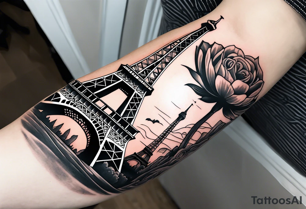 Upper arm tattoo sleeve including the Eiffel tower in Paris with shading in the background? tattoo idea