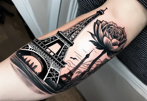 Upper arm tattoo sleeve including the Eiffel tower in Paris with shading in the background? tattoo idea