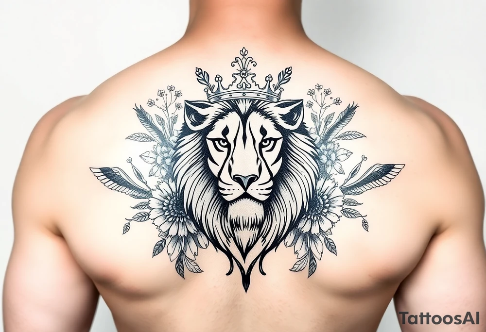 powerful majestic lion with a crown, surrounded by floral ornaments and birds tattoo idea