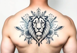 powerful majestic lion with a crown, surrounded by floral ornaments and birds tattoo idea
