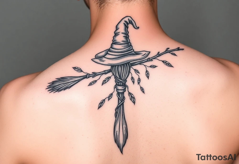 Which is broom with a witches hat with vines and feathers on your leg 
Smaller broom with hat placed on top or in the middle tattoo idea