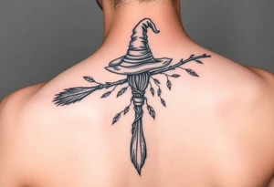 Which is broom with a witches hat with vines and feathers on your leg 
Smaller broom with hat placed on top or in the middle tattoo idea