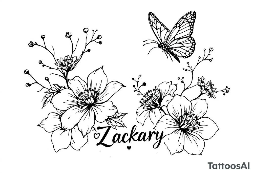 Flowers, heart and buttherfly with name Zackary and Charlie tattoo idea