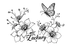 Flowers, heart and buttherfly with name Zackary and Charlie tattoo idea